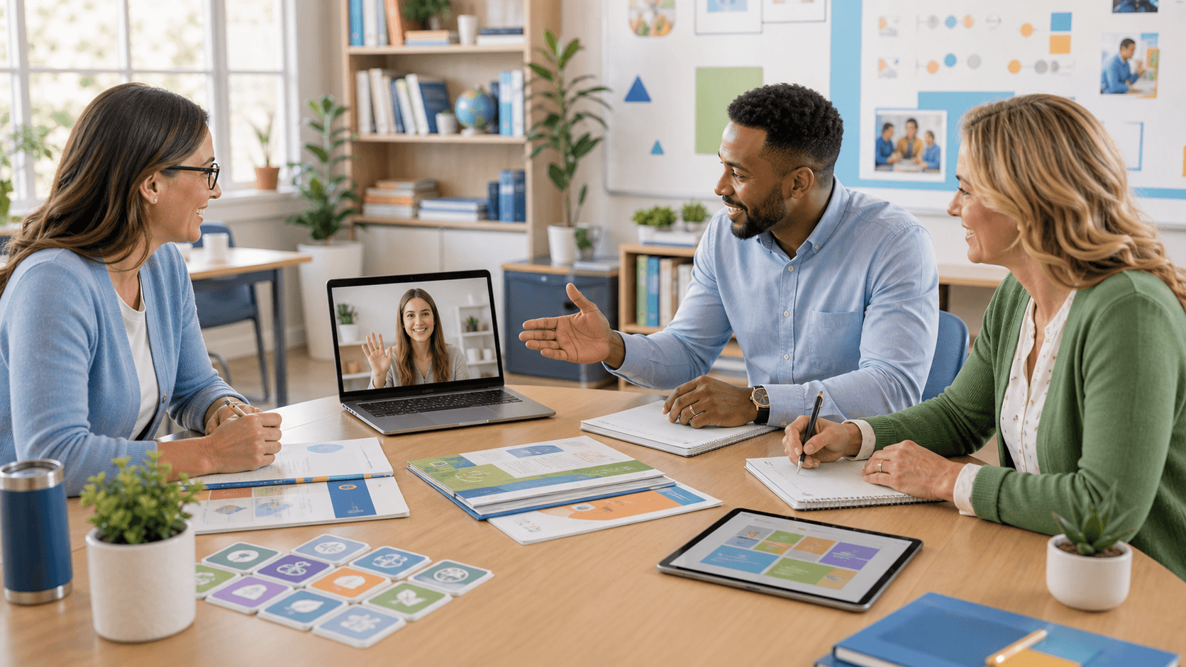 A bright educator demo setup with a laptop, calendar, and classroom planning materials