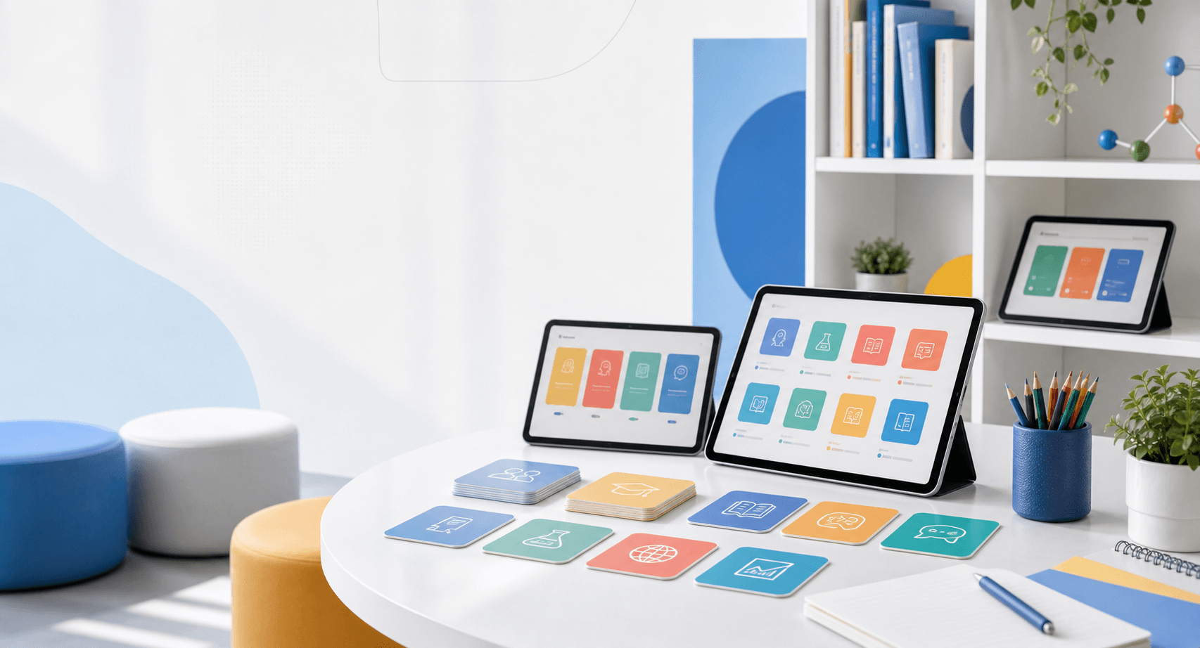 A bright Koydo family learning workspace with organized app paths and study materials