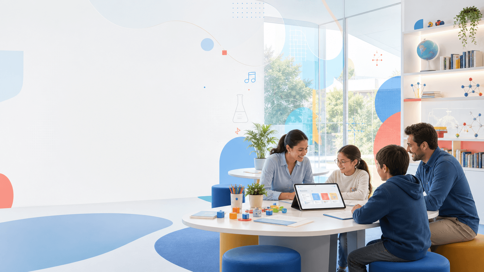 A bright Koydo learning studio with a family and learner working together