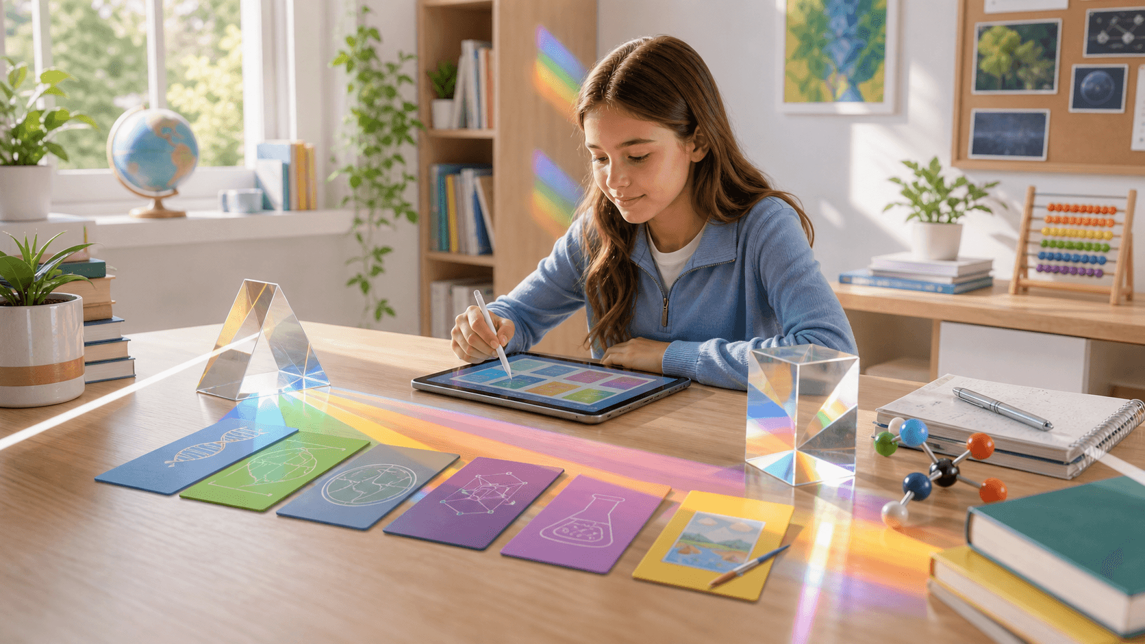 A bright learning studio with prism light across books, tablets, and subject cards