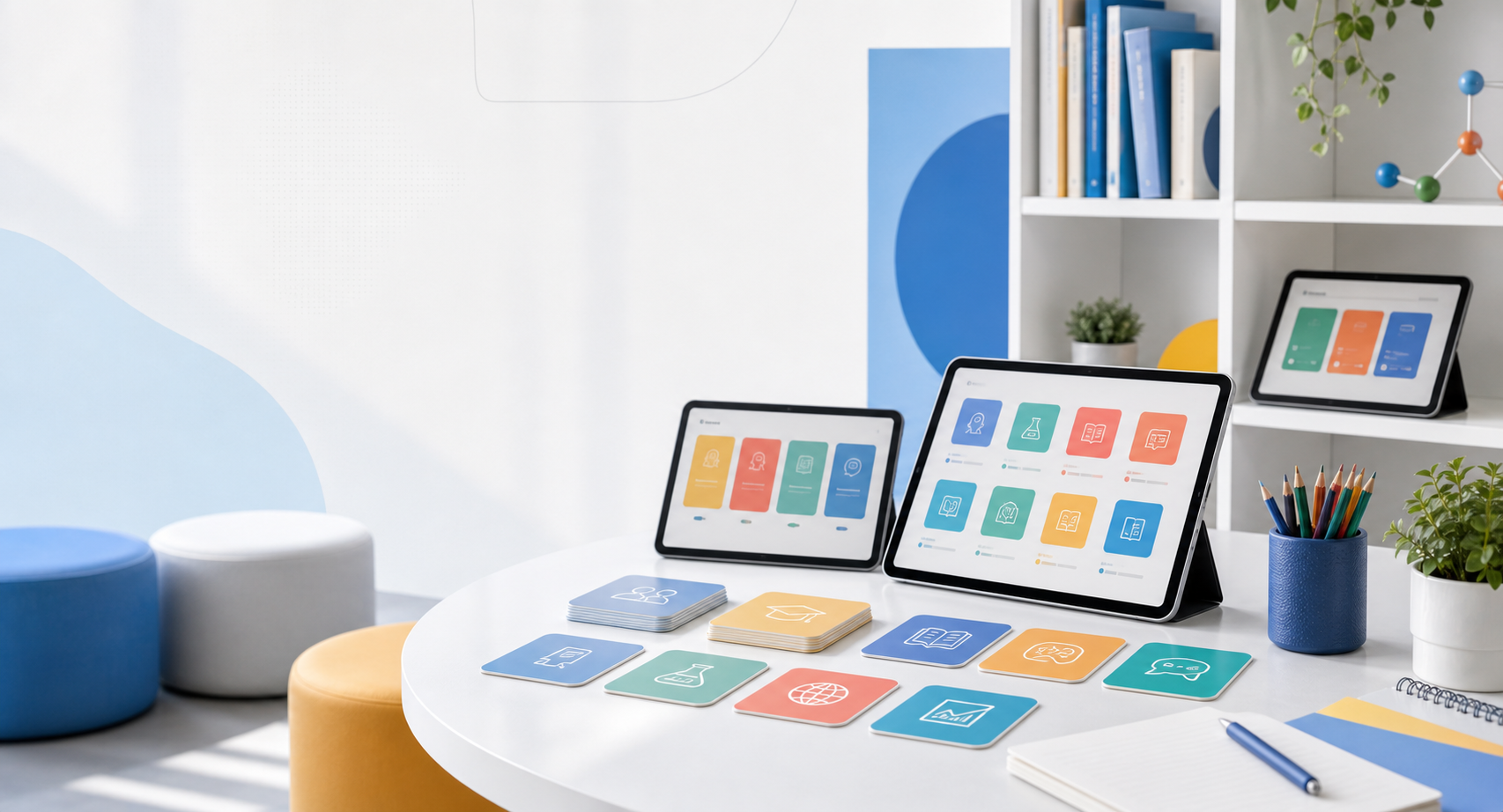 A bright Koydo family learning workspace with organized app paths and study materials
