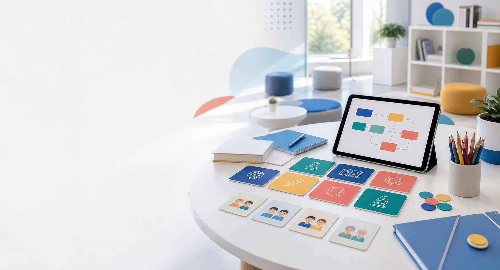 A bright Koydo discovery table with learning path cards and a tablet