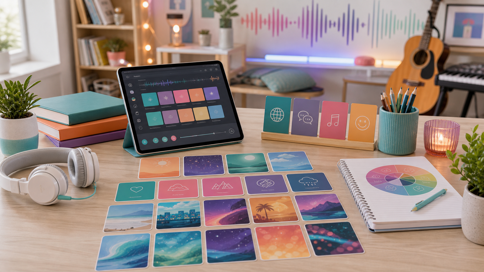 A bright song discovery workspace with headphones and playlist cards